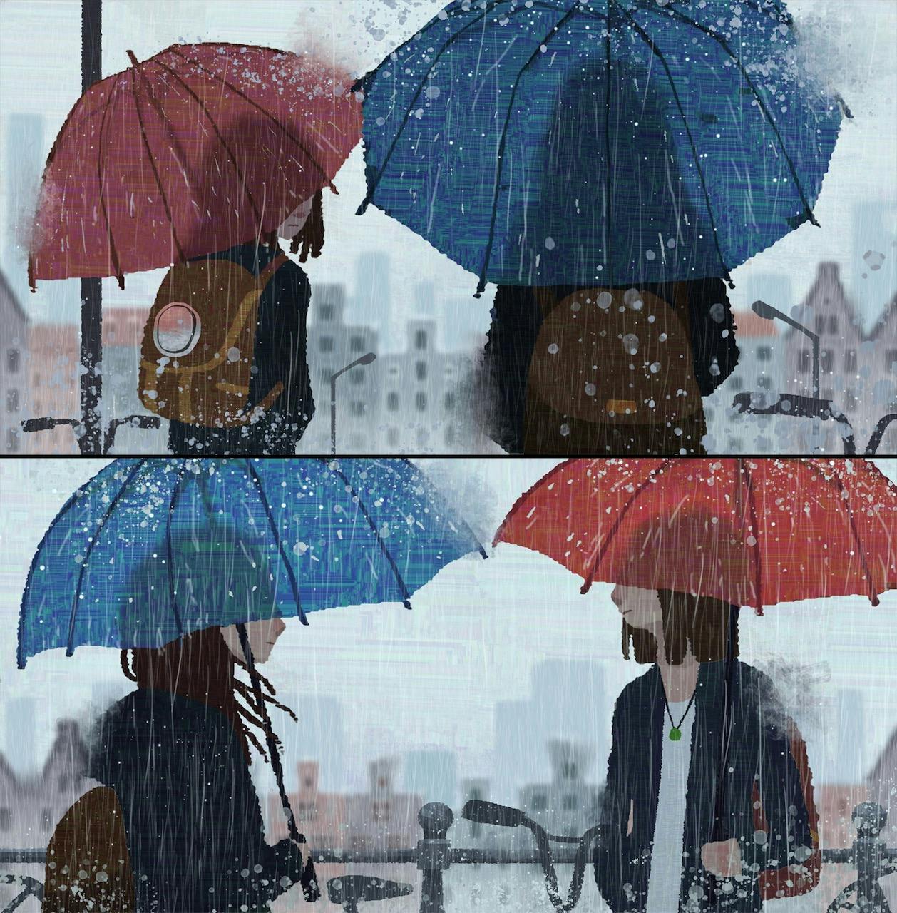 People under umbrellas, meeting