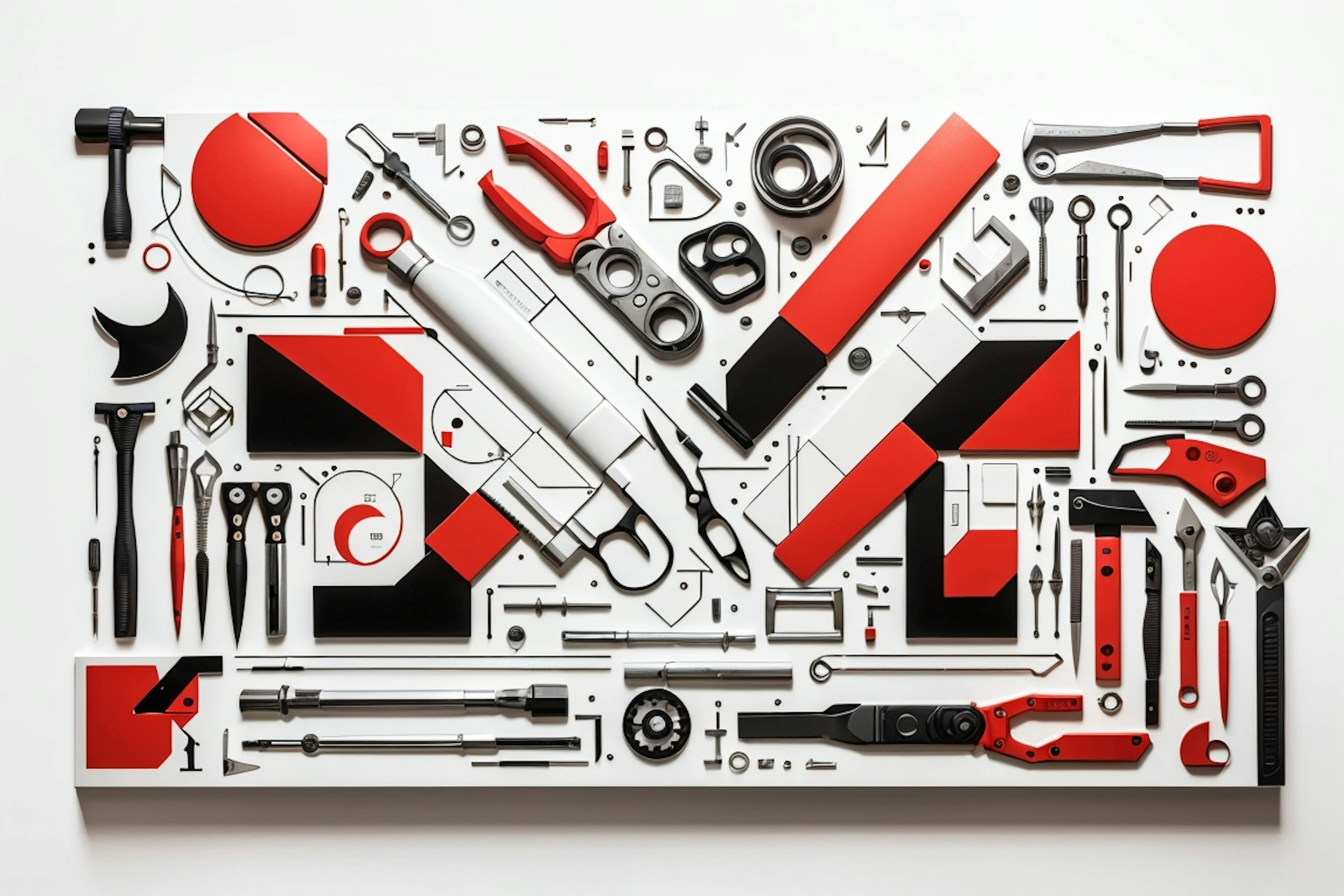 an image of an array of interesting and creative tools, featured primarily in red