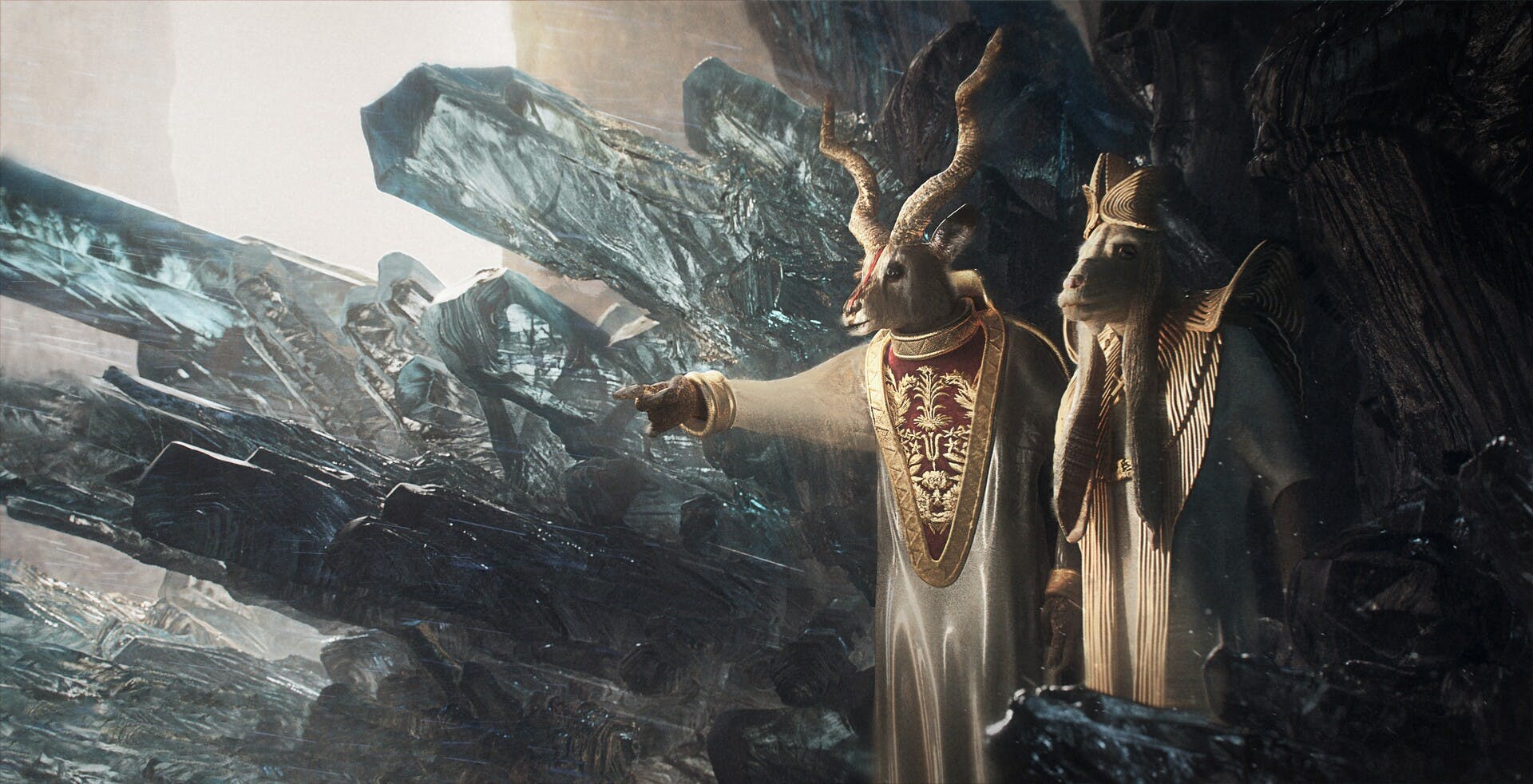 Animal headed royalty in front of crystals