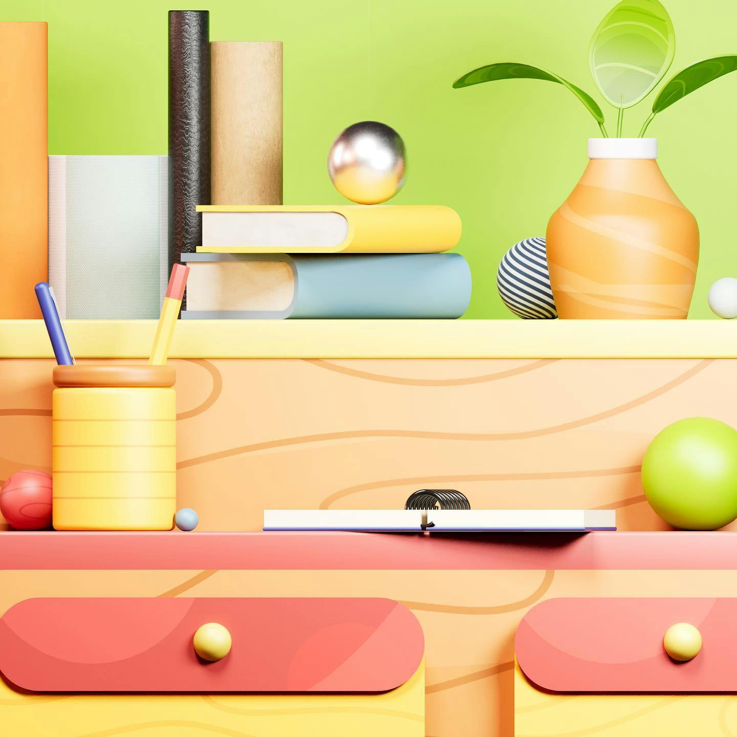 A 3D illustration of a closeup shot of a desk with various items stacked on it.