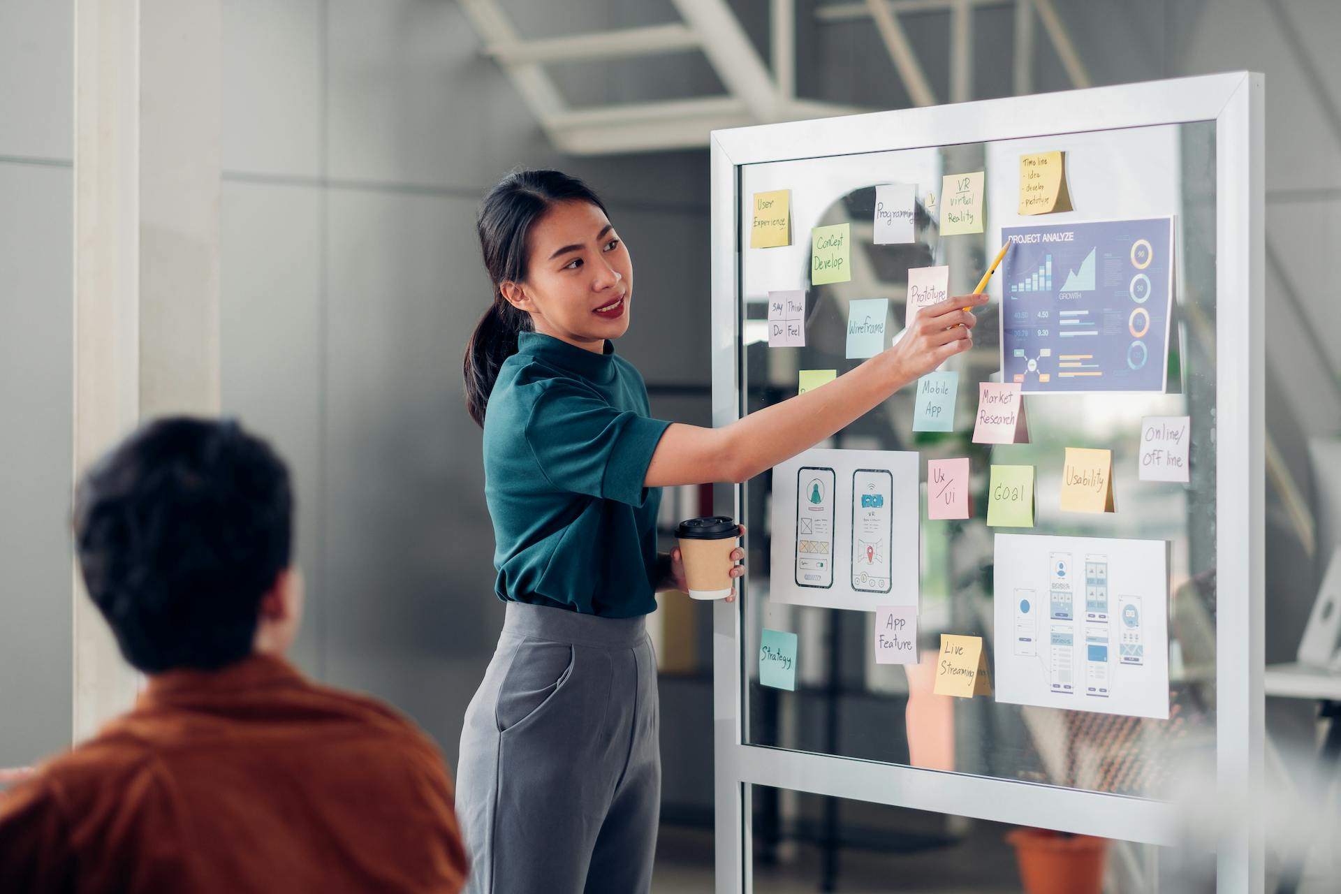 Stock photo of woman leading UX/UI design critical success website web development meeting in front of board with notes and diagrams