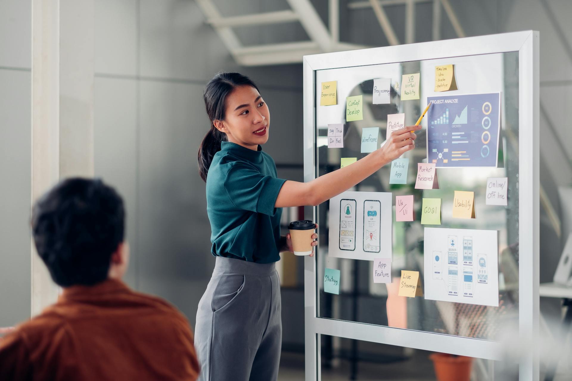 Stock photo of woman leading UX/UI web development meeting in front of board with notes and diagrams