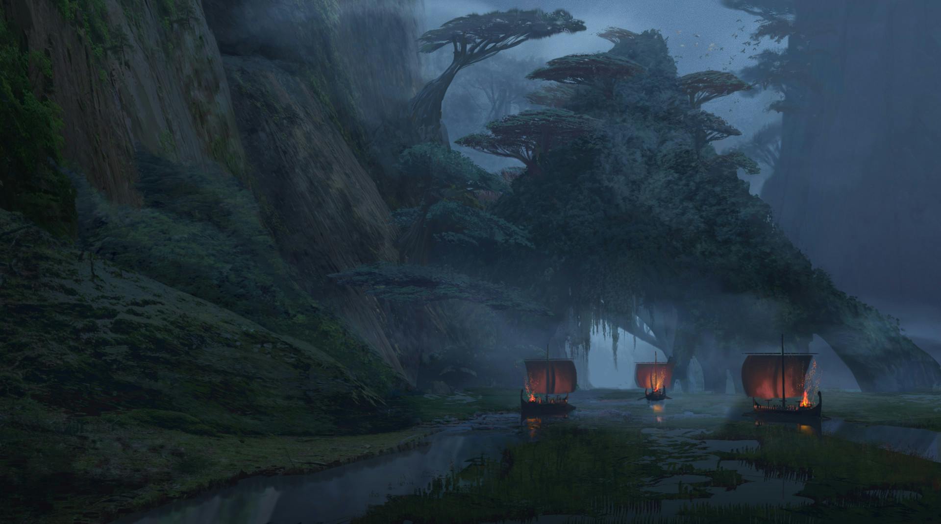 Concept art of three sailboats in a fantasy environment