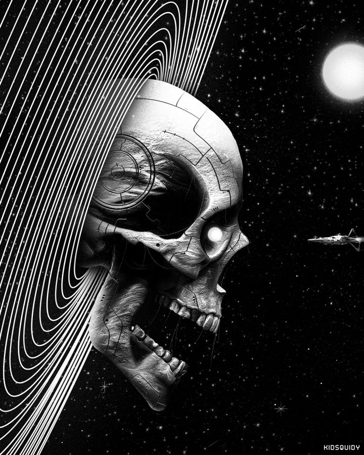 A giant skull in space staring at an approaching ship