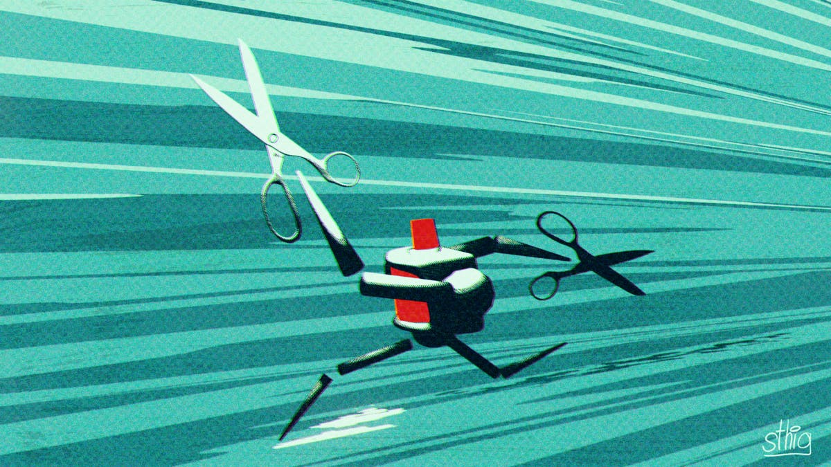 An illustration of a robot running with scissors