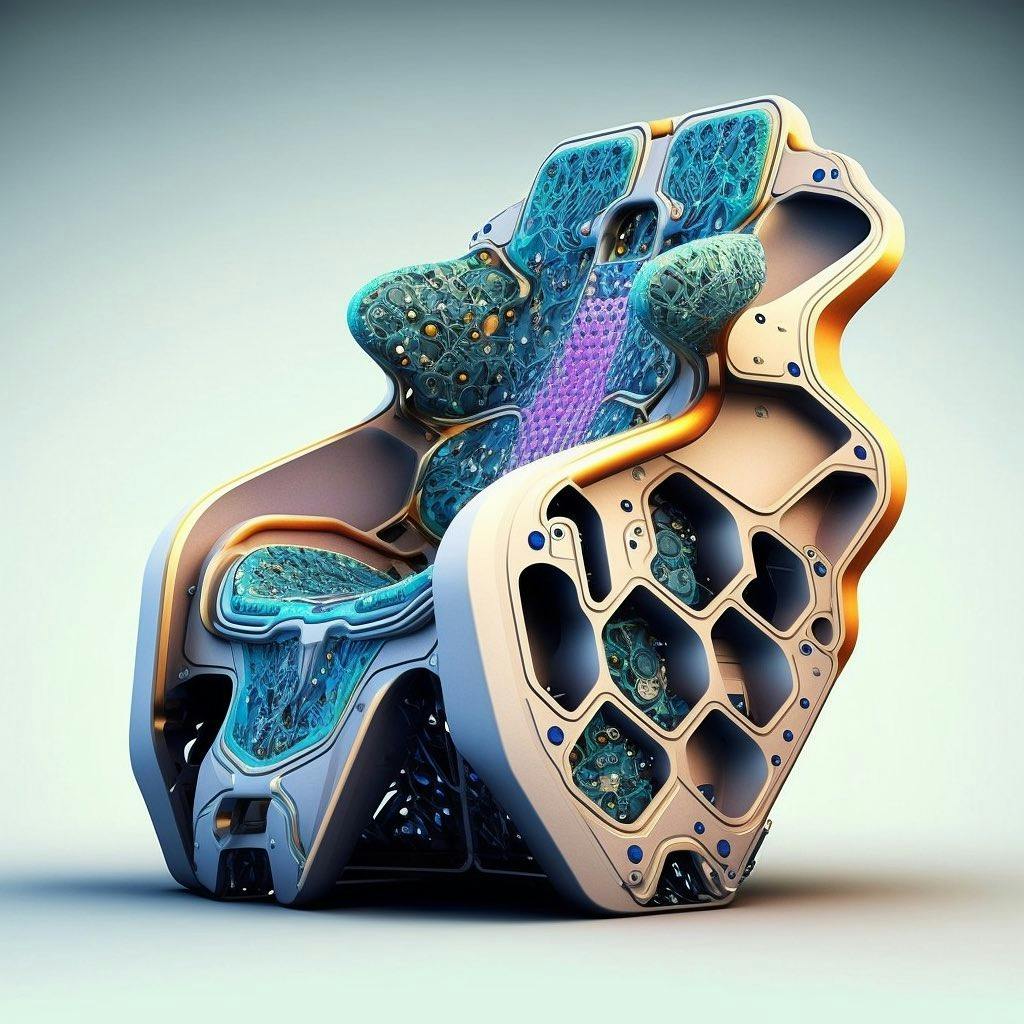 A visually complex, futuristic chair created with generative AI, representing innovation in design and answering the question what is artificial intelligence with examples in creative industries.