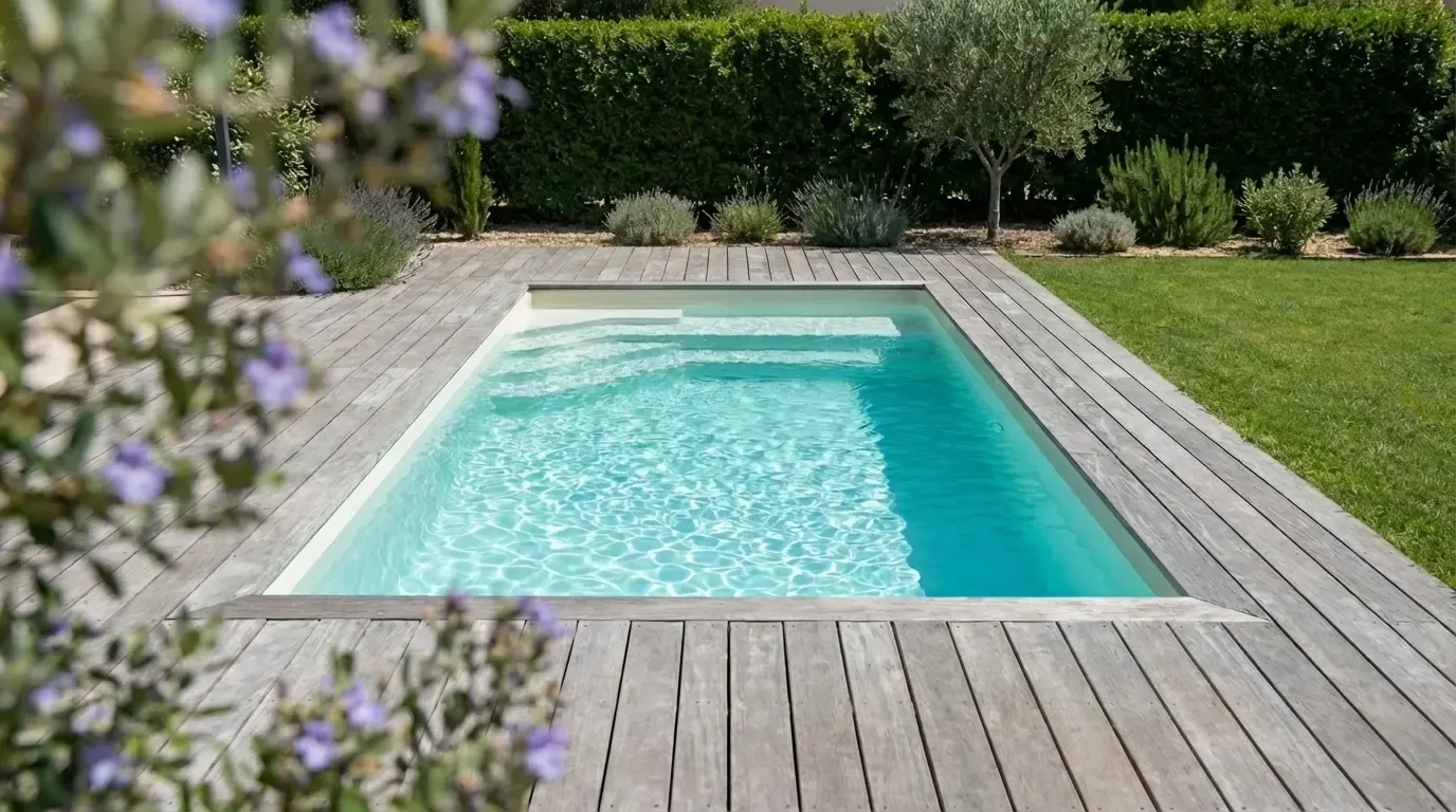 Piscine coque rectangulaire Star 4 entourée d'un deck en bois clair, jardin avec haies taillées et olivier