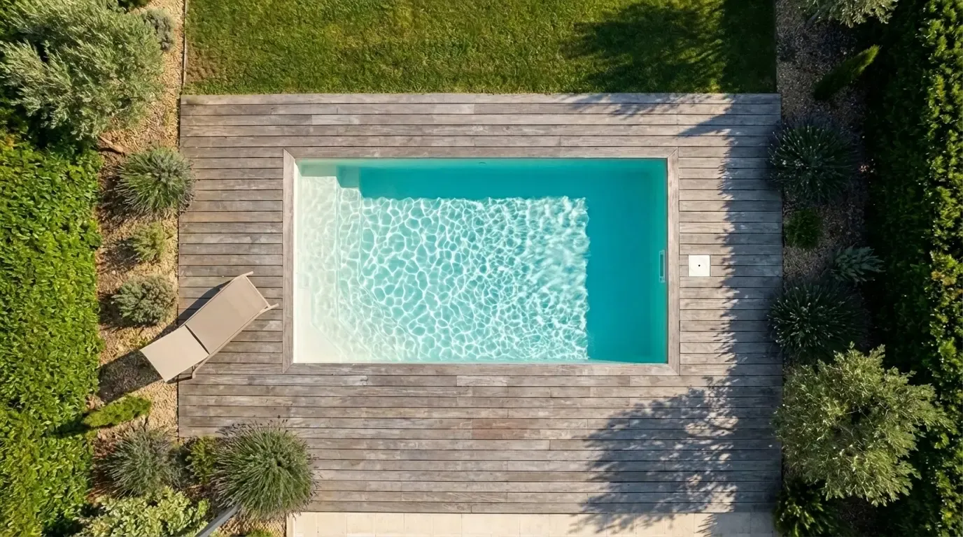Vue aérienne d'une piscine coque rectangulaire intégrée à un deck en bois gris vieilli, jardin avec massifs verts