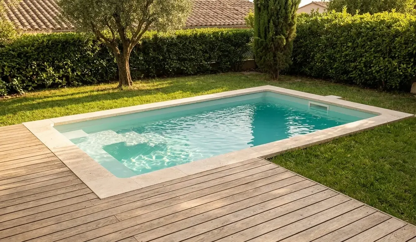 Modèle Star 4 installé à Pertuis, intégré à un deck en bois clair sur pelouse, olivier et haies en arrière-plan
