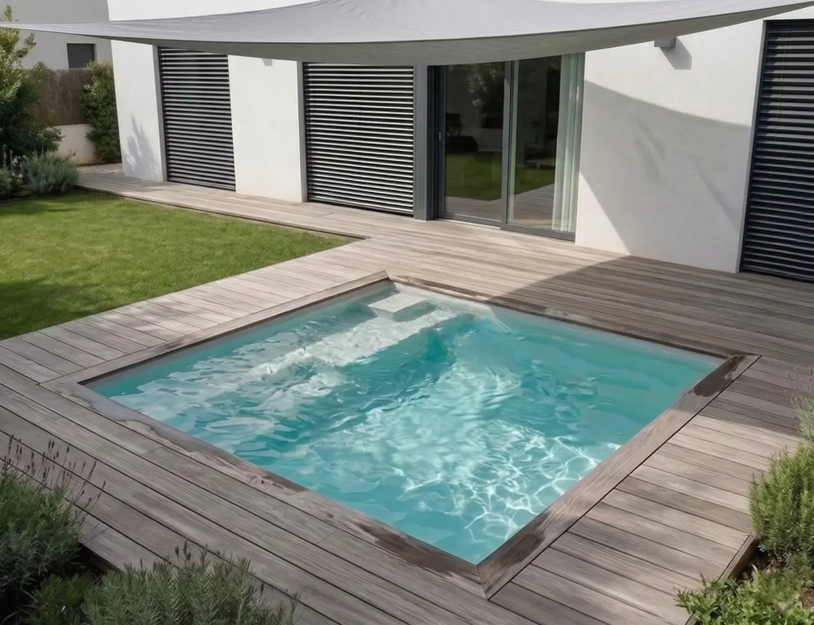 Modèle Square installé à Toulon, intégré à un deck en bois clair, voile d'ombrage et façade contemporaine blanche