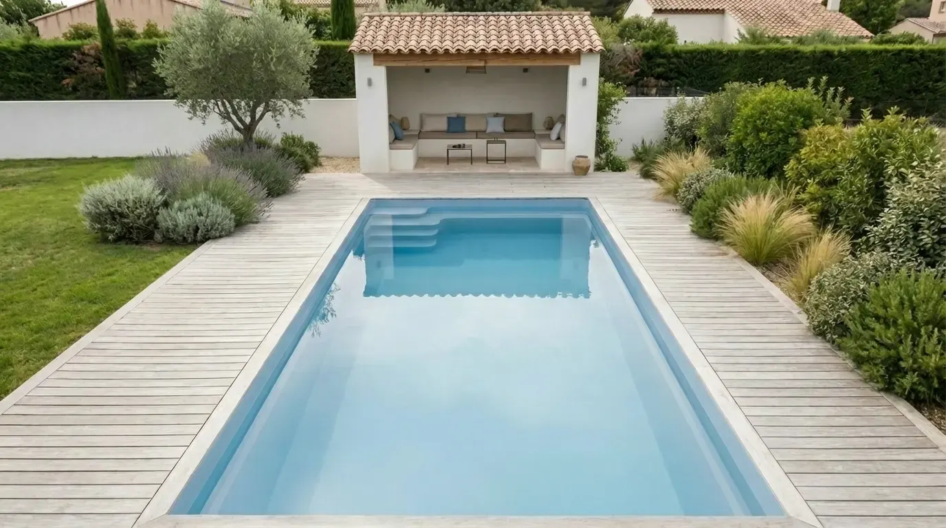 Modèle Star 9 installé à Aix-en-Provence, deck en bois face à un pool house avec salon couvert, massifs de lavandes