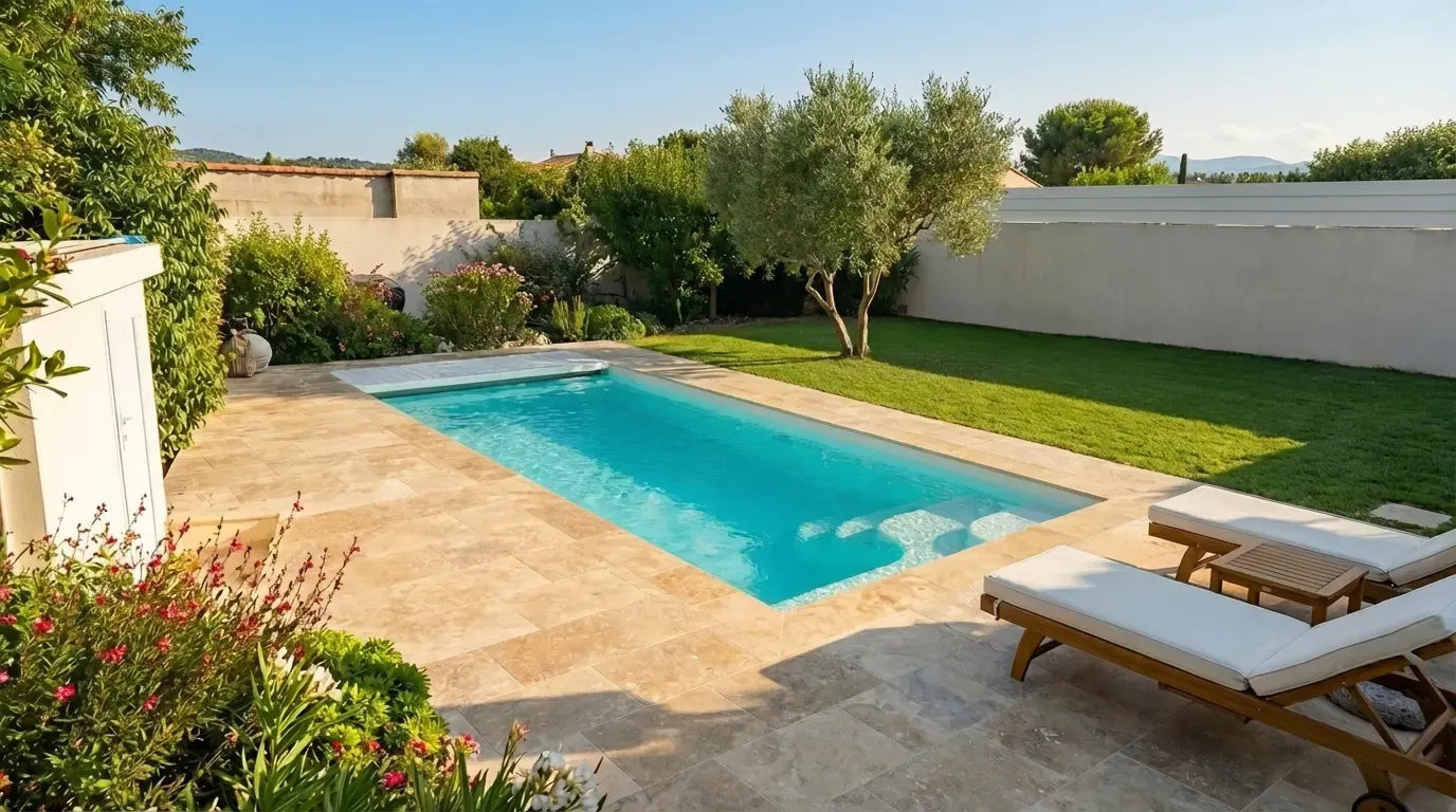 Modèle Star 7 installé aux Camoins, terrasse en travertin, jardin avec olivier central et massif de lavandes