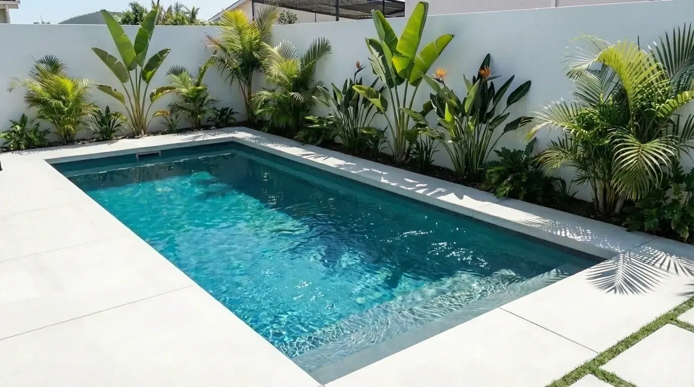 Modèle Space 7 installé à Toulon, terrasse en béton avec haie tropicale de strelitzias et palmiers