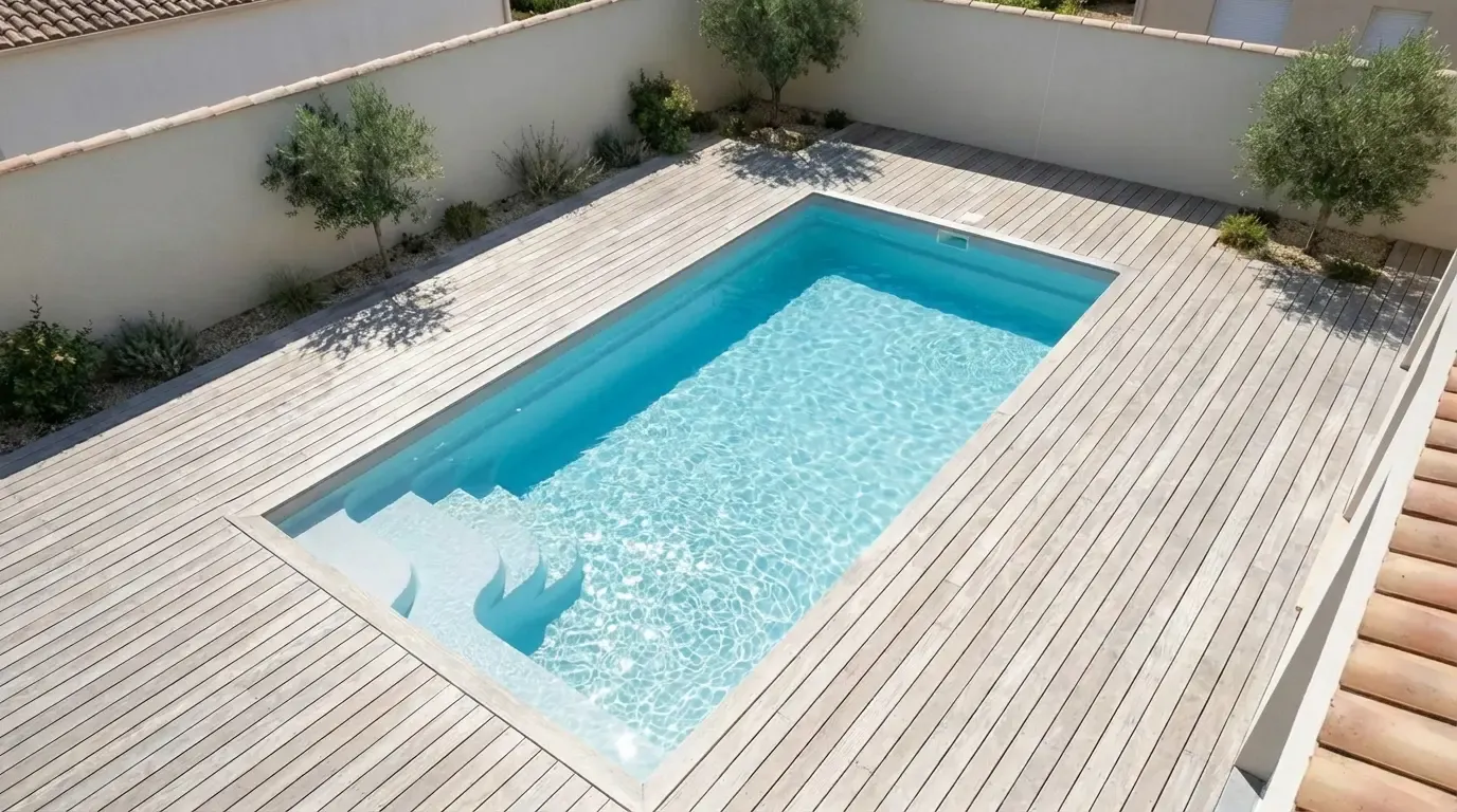 Modèle Sky 9 installé à Allauch, deck en bois clair entouré de massifs minéraux et oliviers
