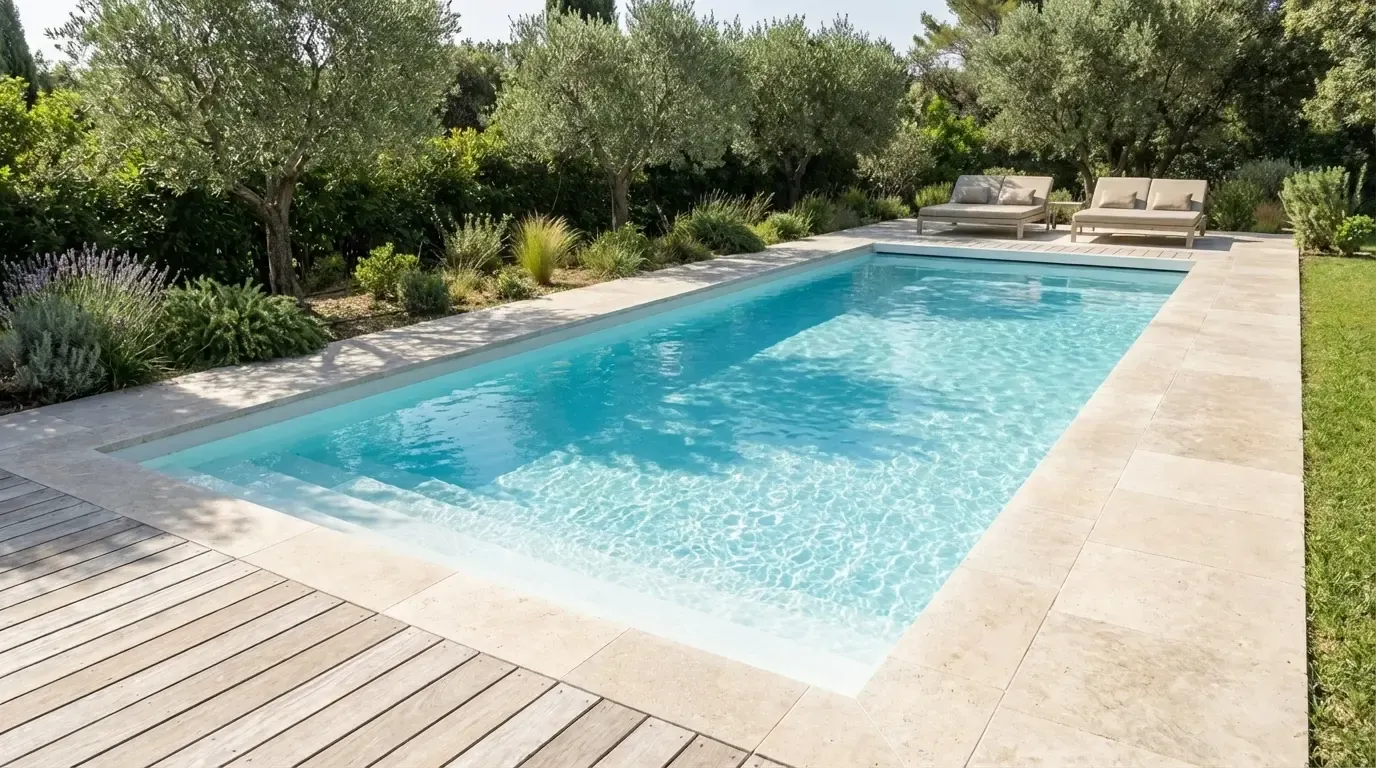 Modèle Space 950 installé à Aix-en-Provence, margelles en travertin entre haie d'oliviers et pelouse