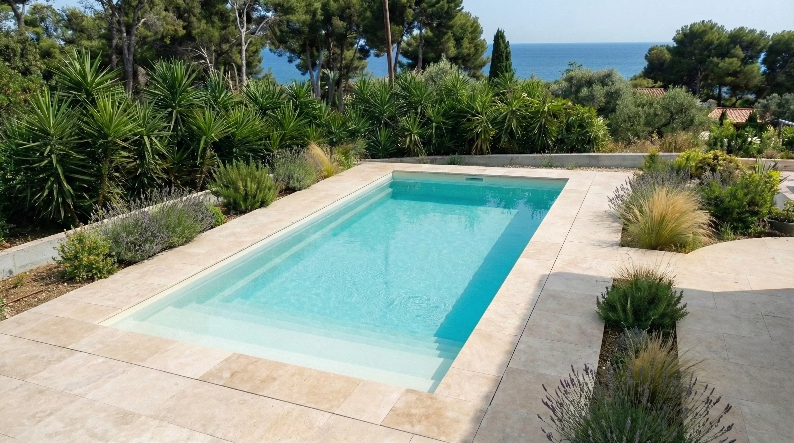 Modèle Space installé à La Ciotat, terrasse en travertin claire, jardin méditerranéen et vue sur la mer