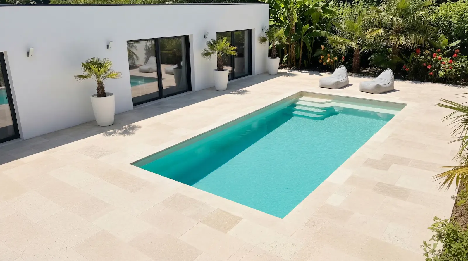 Modèle Star 9 installé aux Camoins, terrasse en pierre claire avec palmiers en pot et façade contemporaine blanche