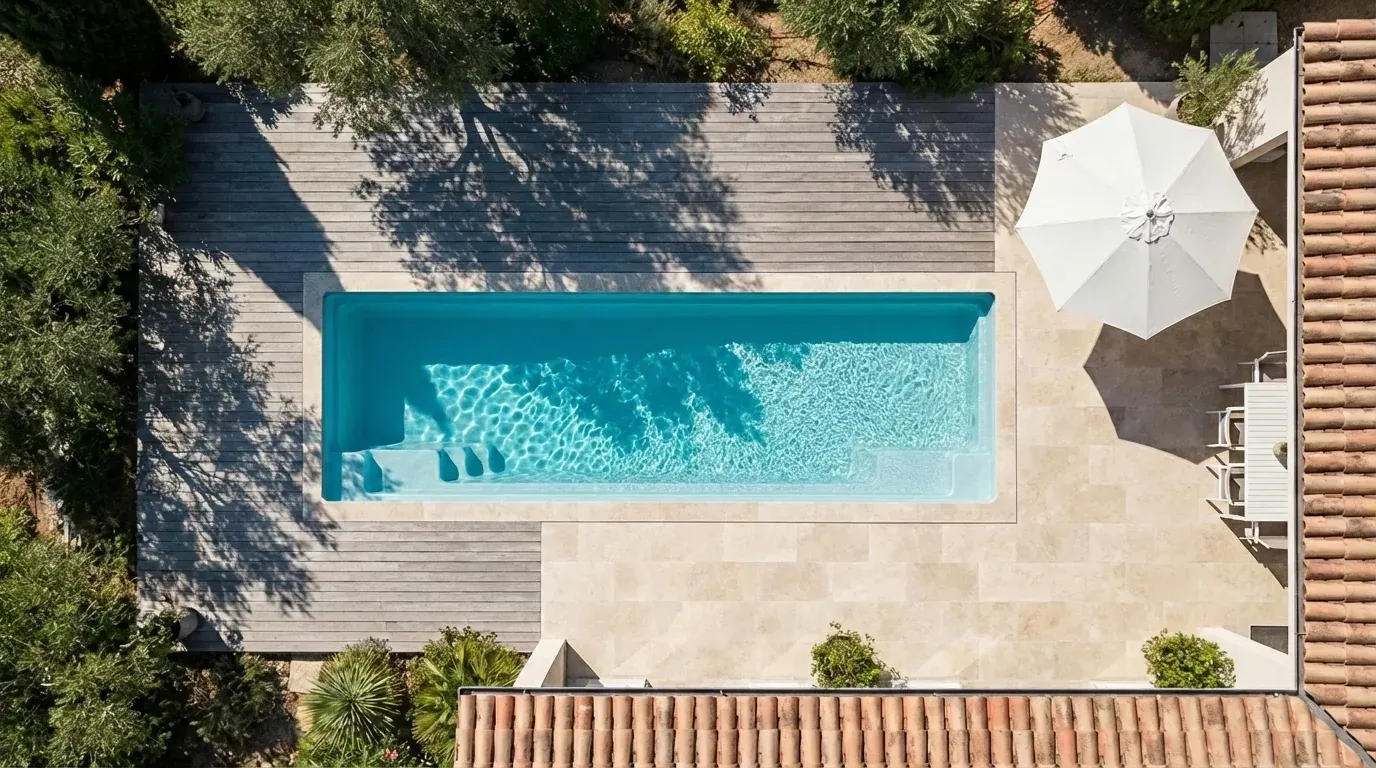 Vue aérienne d'un couloir de nage intégré à une terrasse en pierre claire avec deck en bois et parasol