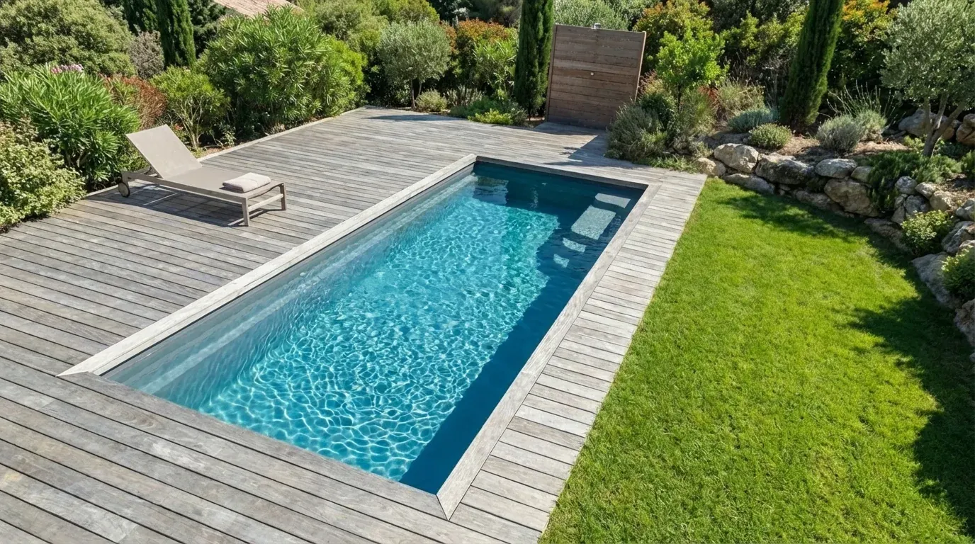 Vue aérienne d'un couloir de nage bordé d'un deck en bois, transat solo et pelouse attenante