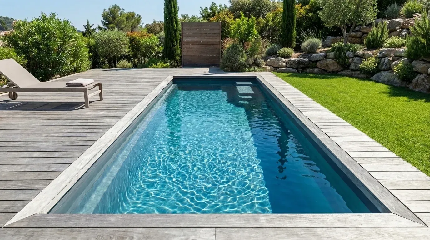 Couloir de nage entouré d'un deck en bois clair, jardin en restanque avec pierres sèches et garrigue