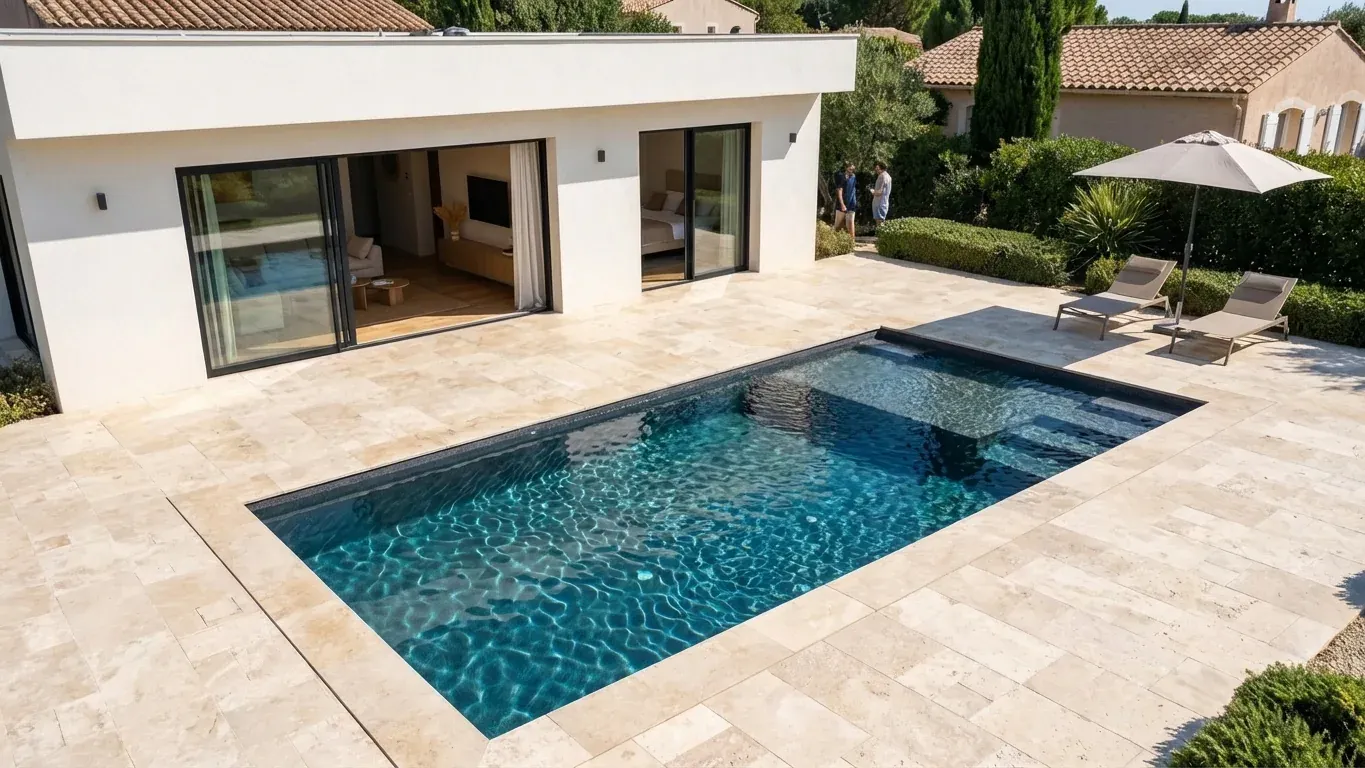 Piscine coque rectangulaire à revêtement sombre intégrée à une terrasse en travertin devant une maison contemporaine