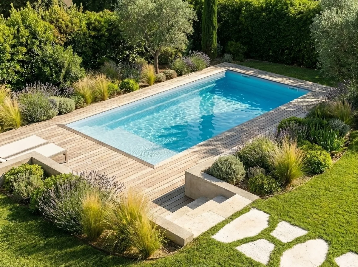 Piscine coque rectangulaire encadrée d'un deck bois, massifs de graminées et lavandes en bordure