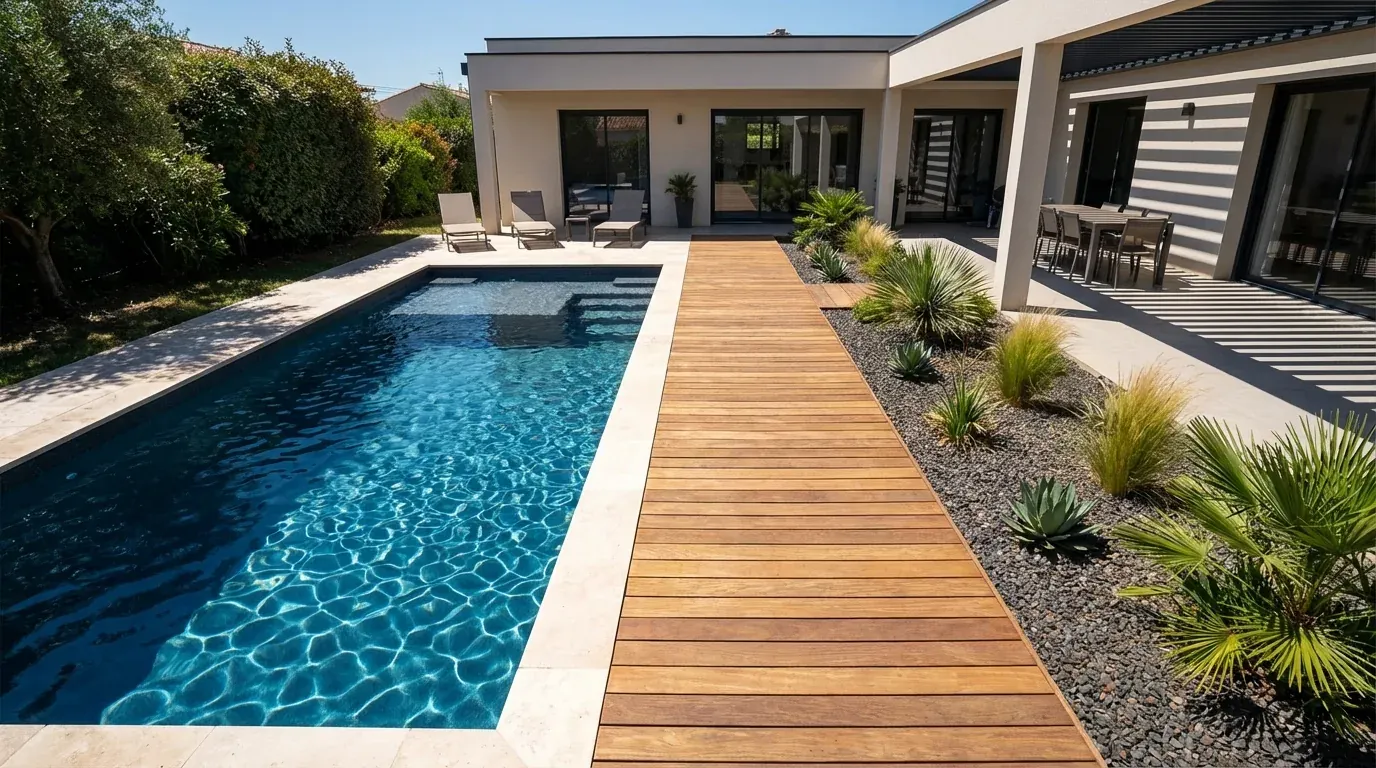 Piscine coque rectangulaire Plage 950 avec deck en bois traversant la terrasse, jardin minéral à Aix-en-Provence