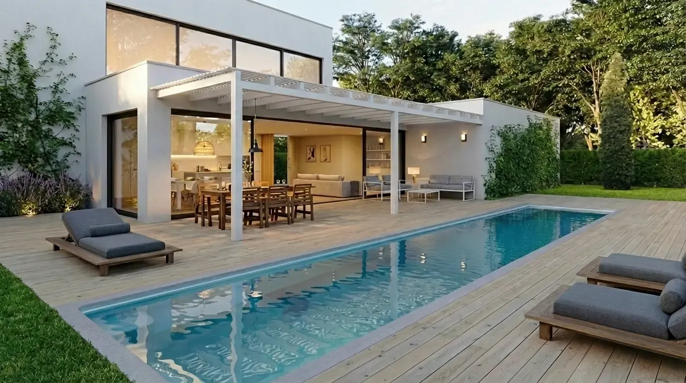 Couloir de nage en deck bois bordant une maison contemporaine, transats et pergola sur la terrasse