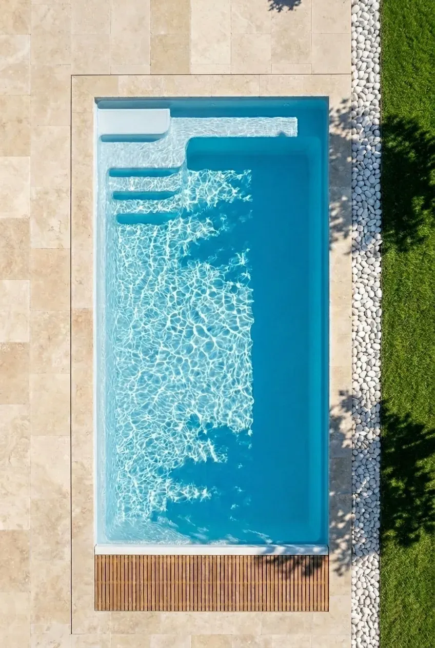 Vue aérienne d'une piscine coque avec volet immergé, margelles en travertin et bordure de galets blancs
