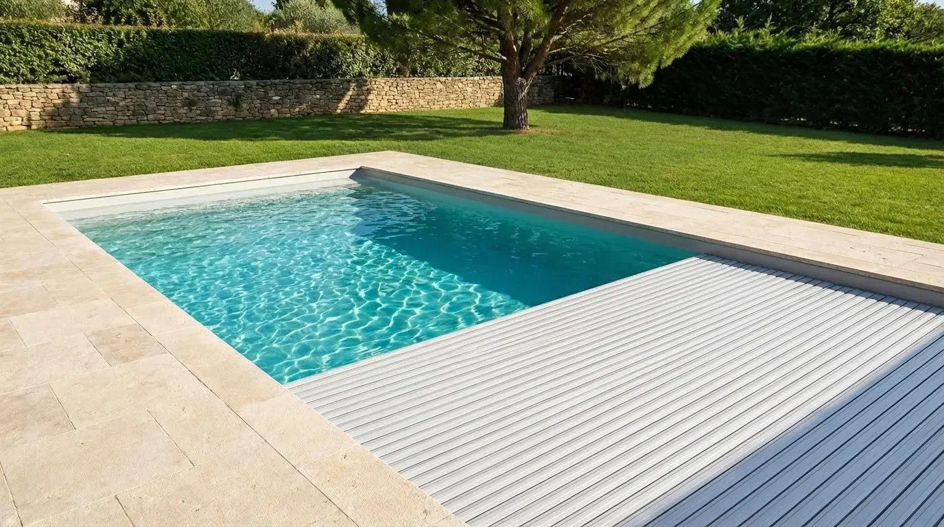 Piscine coque rectangulaire avec volet immergé clair, terrasse en travertin, jardin avec pin parasol en arrière-plan