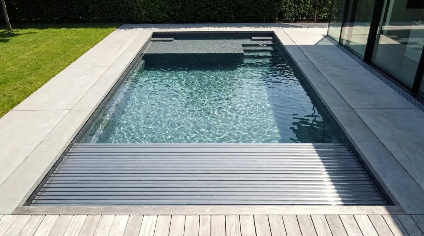Piscine coque rectangulaire avec volet roulant immergé partiellement ouvert, margelles béton et deck en bois clair