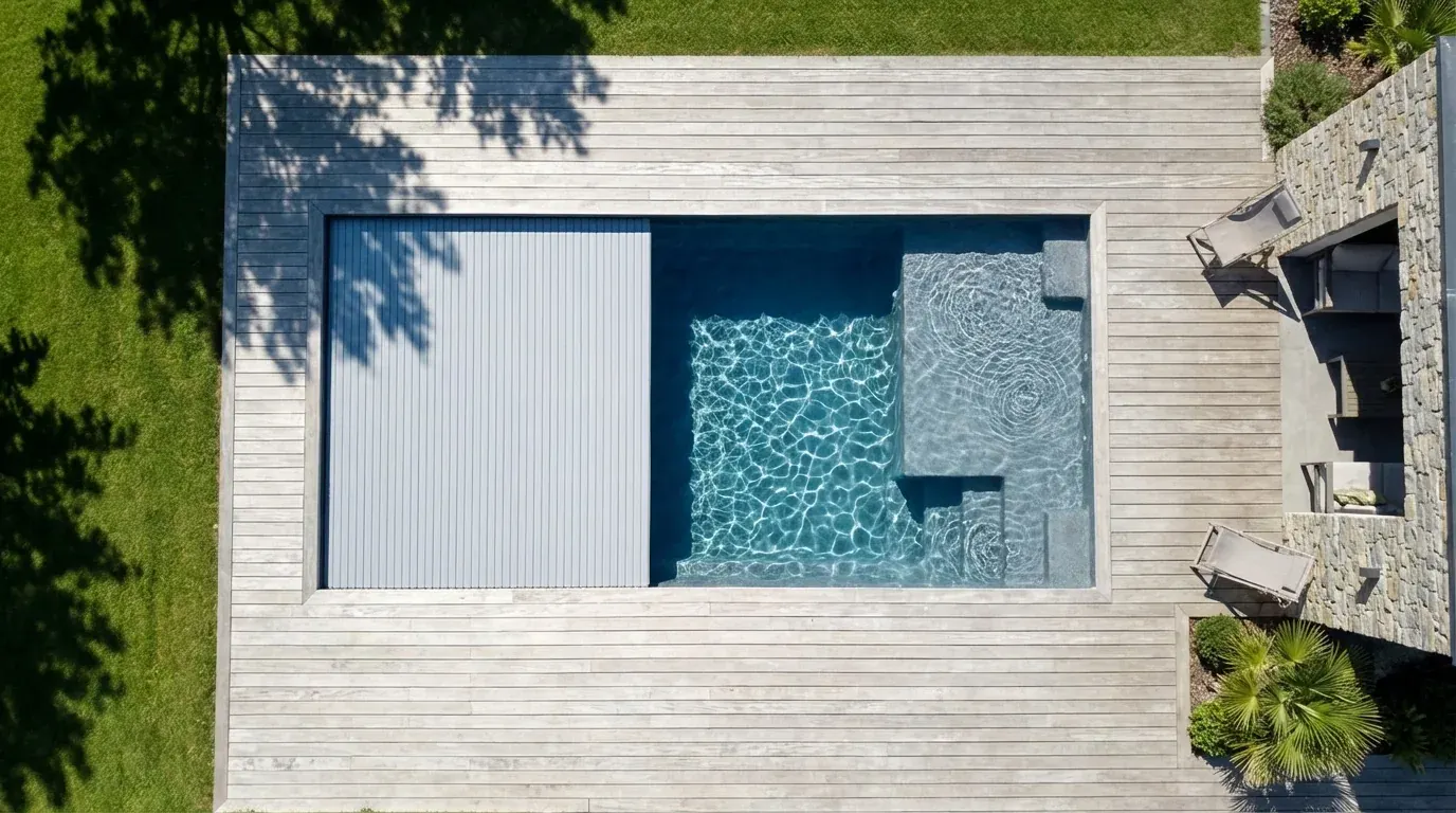 Vue aérienne d'une piscine coque avec volet roulant immergé partiellement fermé, deck en bois gris vieilli