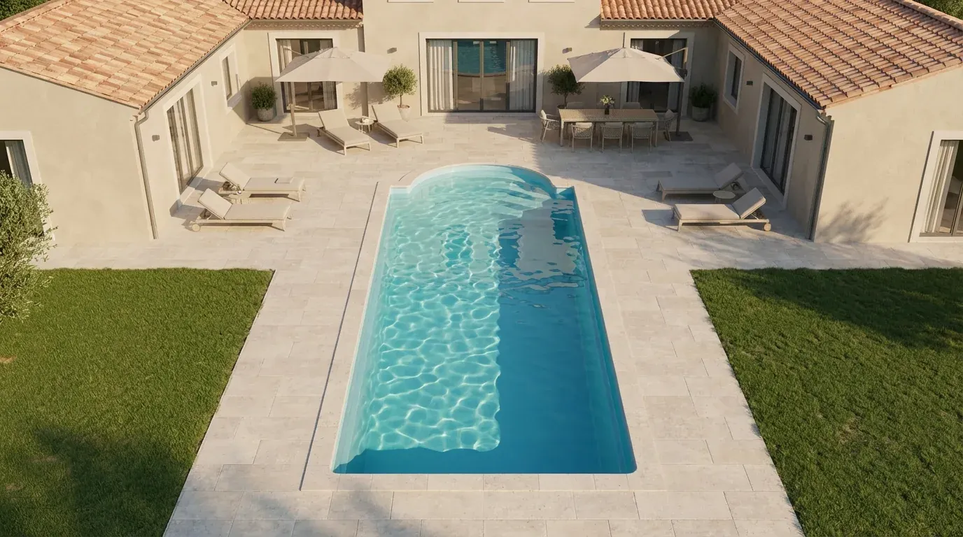 Vue aérienne d'une piscine rectangulaire installée dans la cour intérieure d'un mas provençal, mobilier d'extérieur sous parasols
