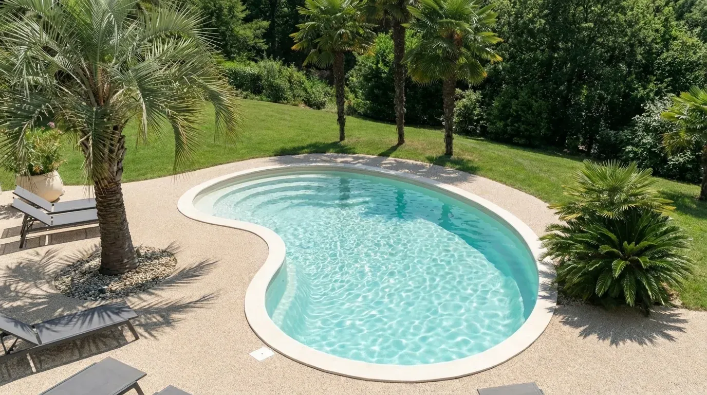 Piscine coque en forme de haricot dans un jardin avec palmiers, plage en granulat clair et transats