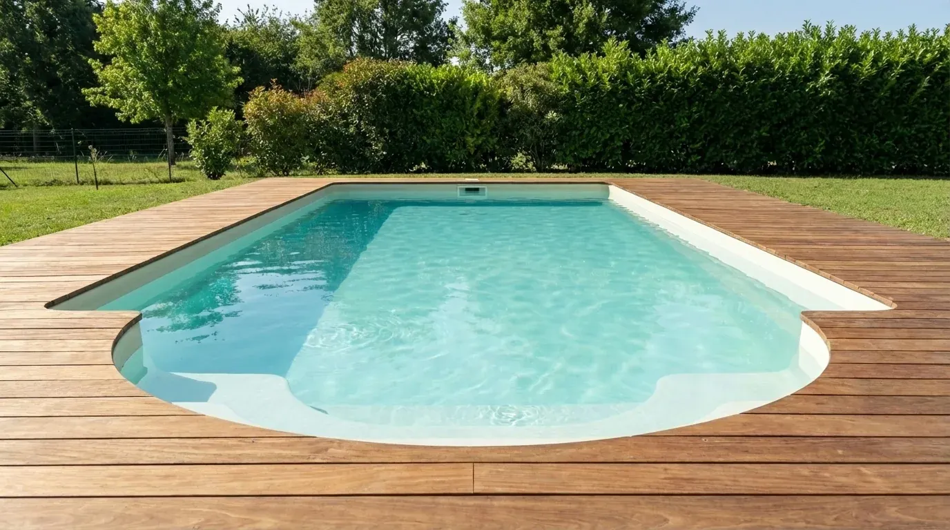 Piscine coque de forme libre intégrée à un deck en bois clair, fond de jardin avec haie taillée