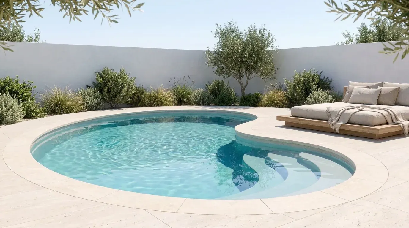 Piscine coque de forme libre type haricot, plage minérale claire, oliviers en pots et daybed en bois