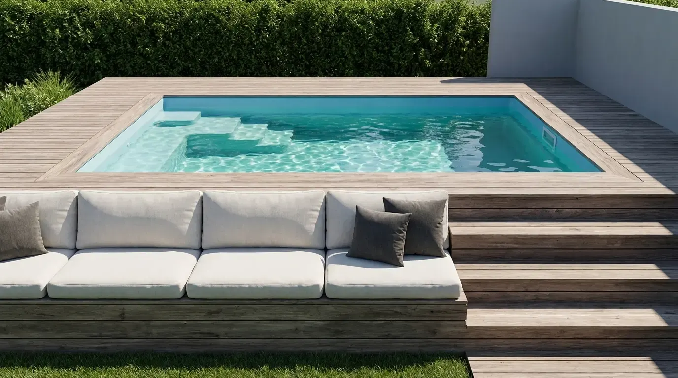 Mini-piscine encastrée dans un deck en bois clair, banquette d'angle avec coussins blancs