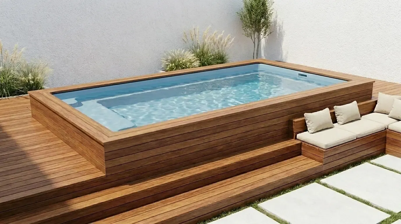 Piscine coque surélevée habillée de bois teinté chaud, escalier d'accès et banquette d'extérieur