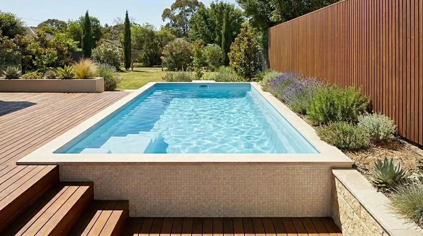 Piscine coque rectangulaire intégrée à un jardin paysager, deck bois, massif de lavandes et clôture en bois