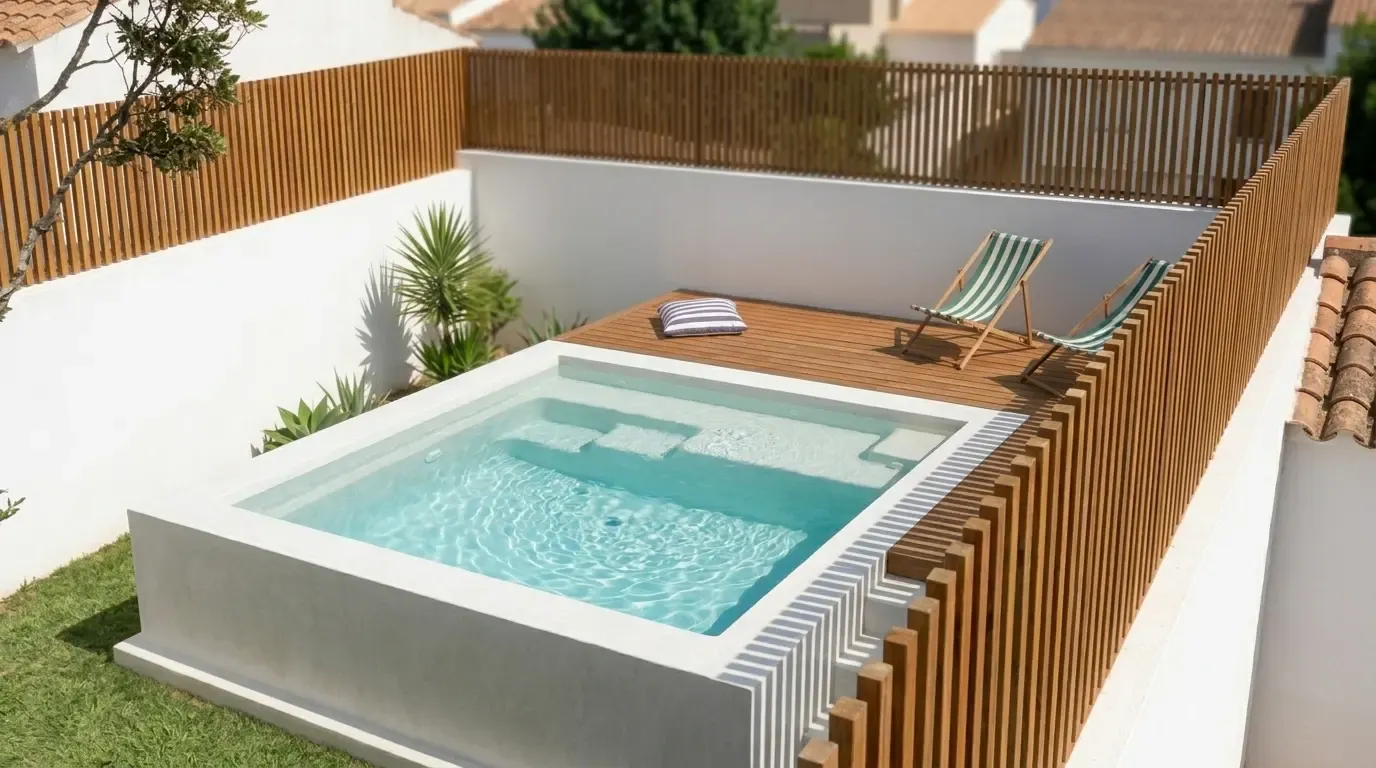 Mini-piscine surélevée installée en rooftop, claustra en lattes de bois et transats rayés