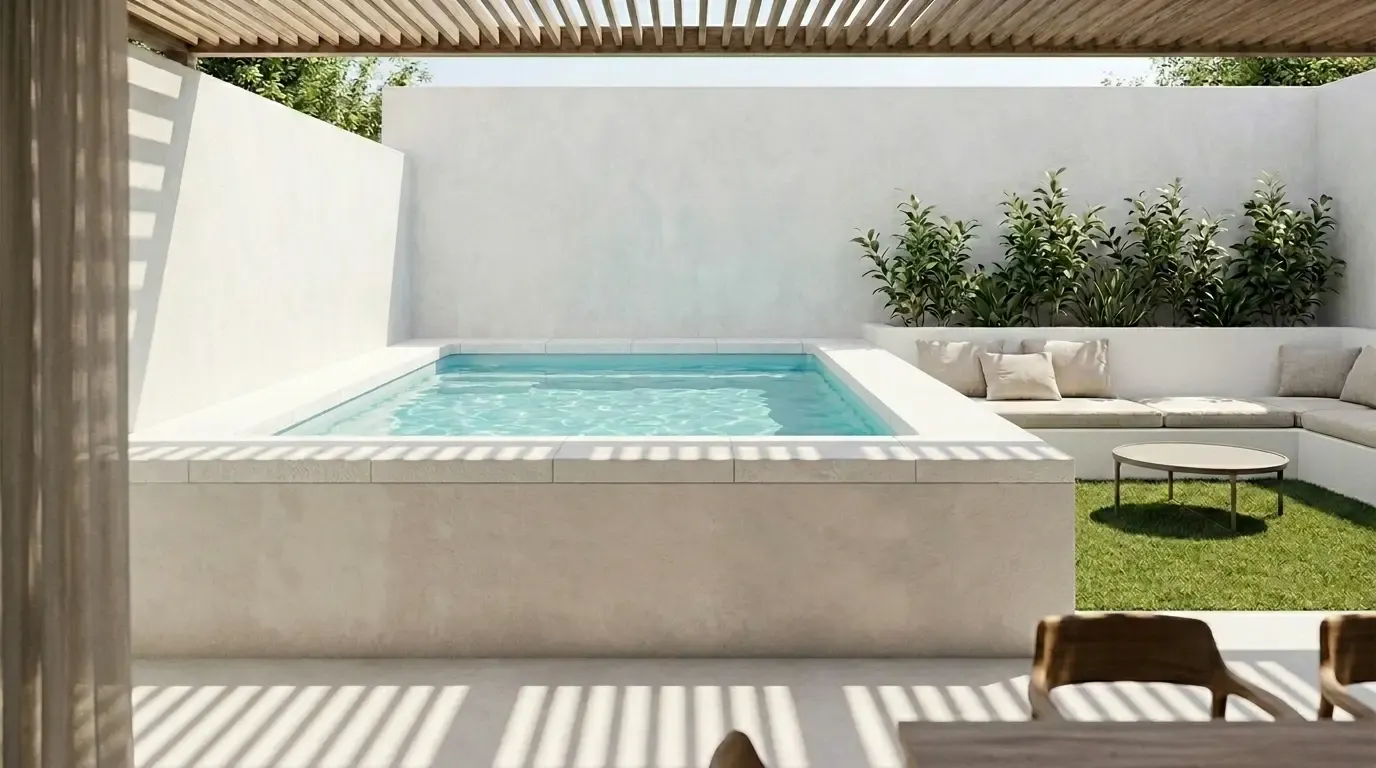 Mini-piscine intégrée à un patio enduit blanc, banquette en pierre et pergola en bois ajourée