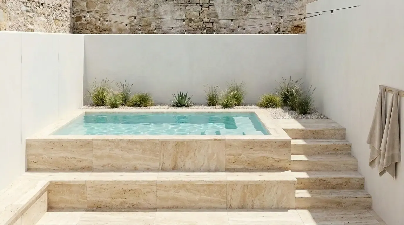 Mini-piscine surélevée habillée de travertin, patio aux murs blancs et mur de pierre apparente en fond