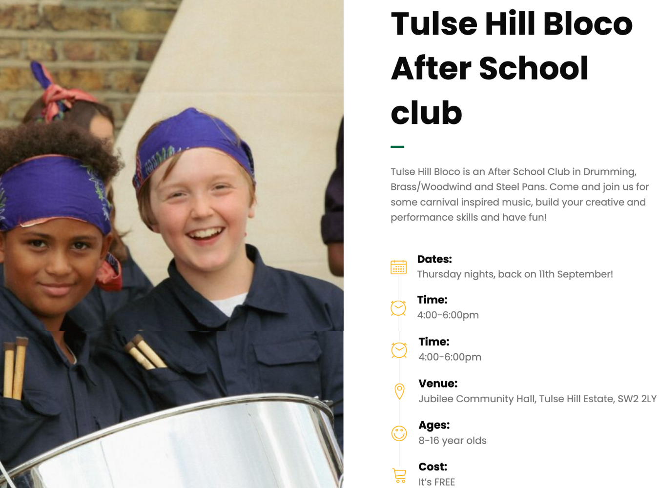 Kinetica Bloco After School Club in Drumming, Brass/Woodwind and Steel Pans