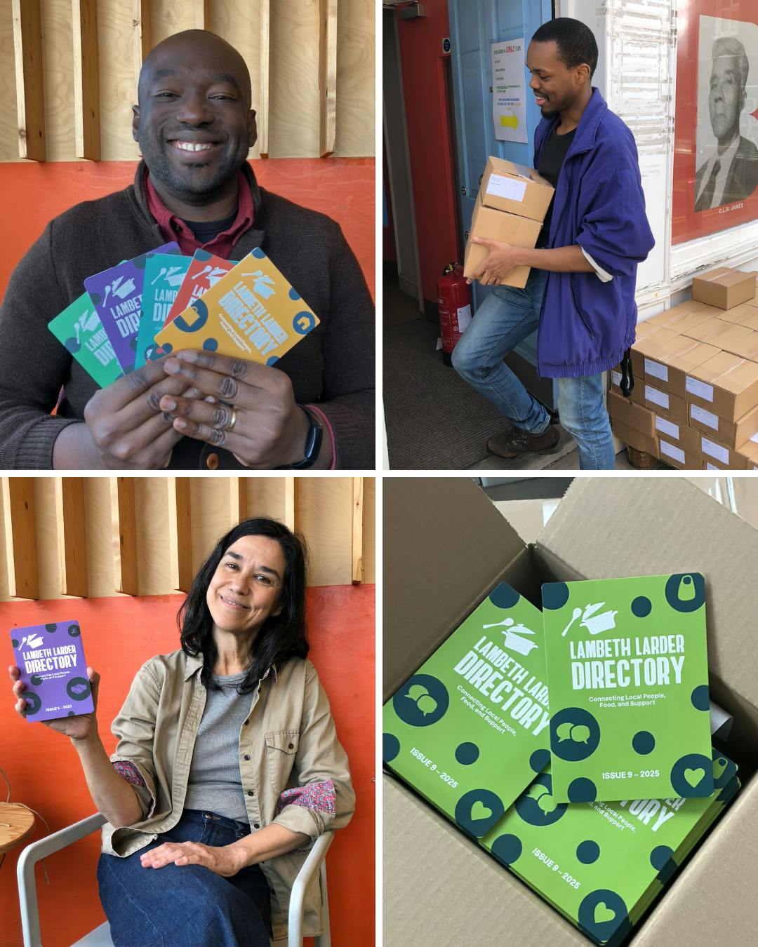a four-picture grid showing two people holding the Lambeth Larder directory, someone carrying boxes for distribution and a cardboard box open showing a pile of green directories.