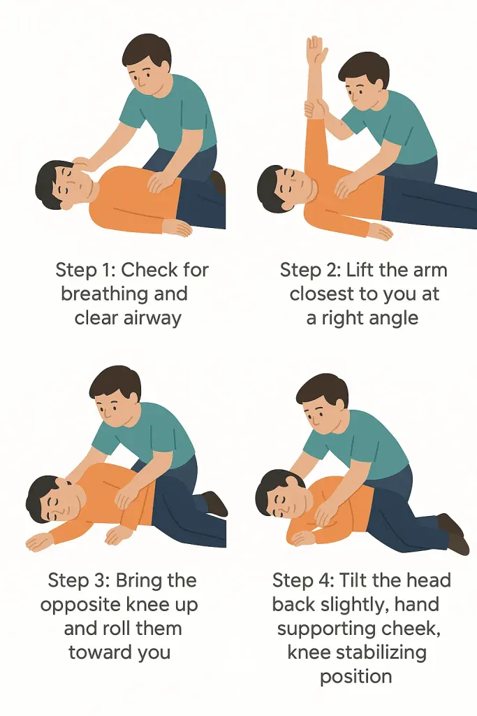 Guide showing how to put someone in the recovery position with step-by-step instructions for a seizure