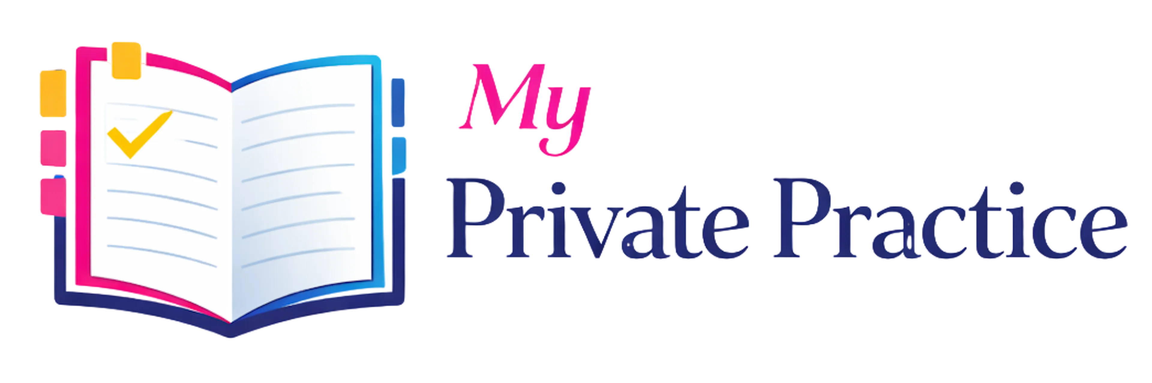 Logo My Private Practice en dégradé violet et rose avec les lettres stylisées « MP », accompagné du nom « my private practice » sur fond transparent.