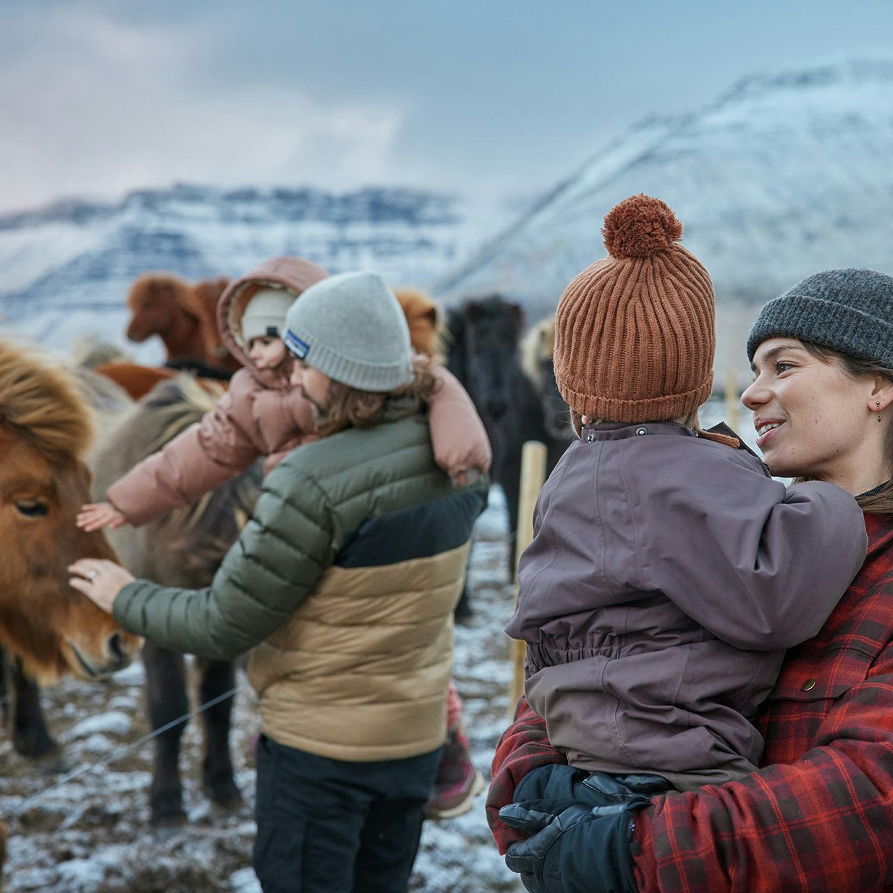 Fjölskylda skoðar hesta um vetur
