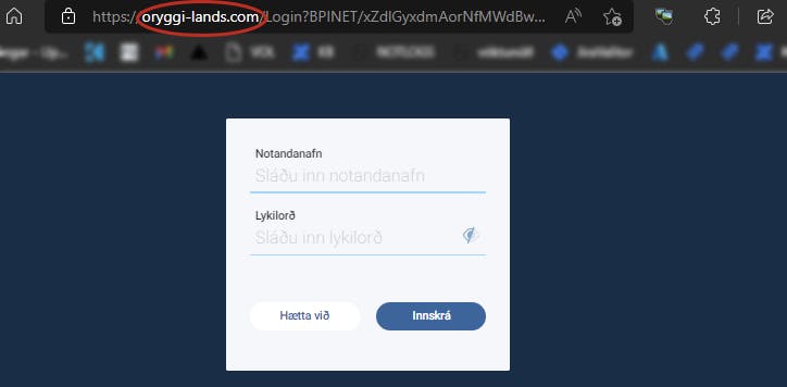 Skjáskot af falskri innskráningarsíðu