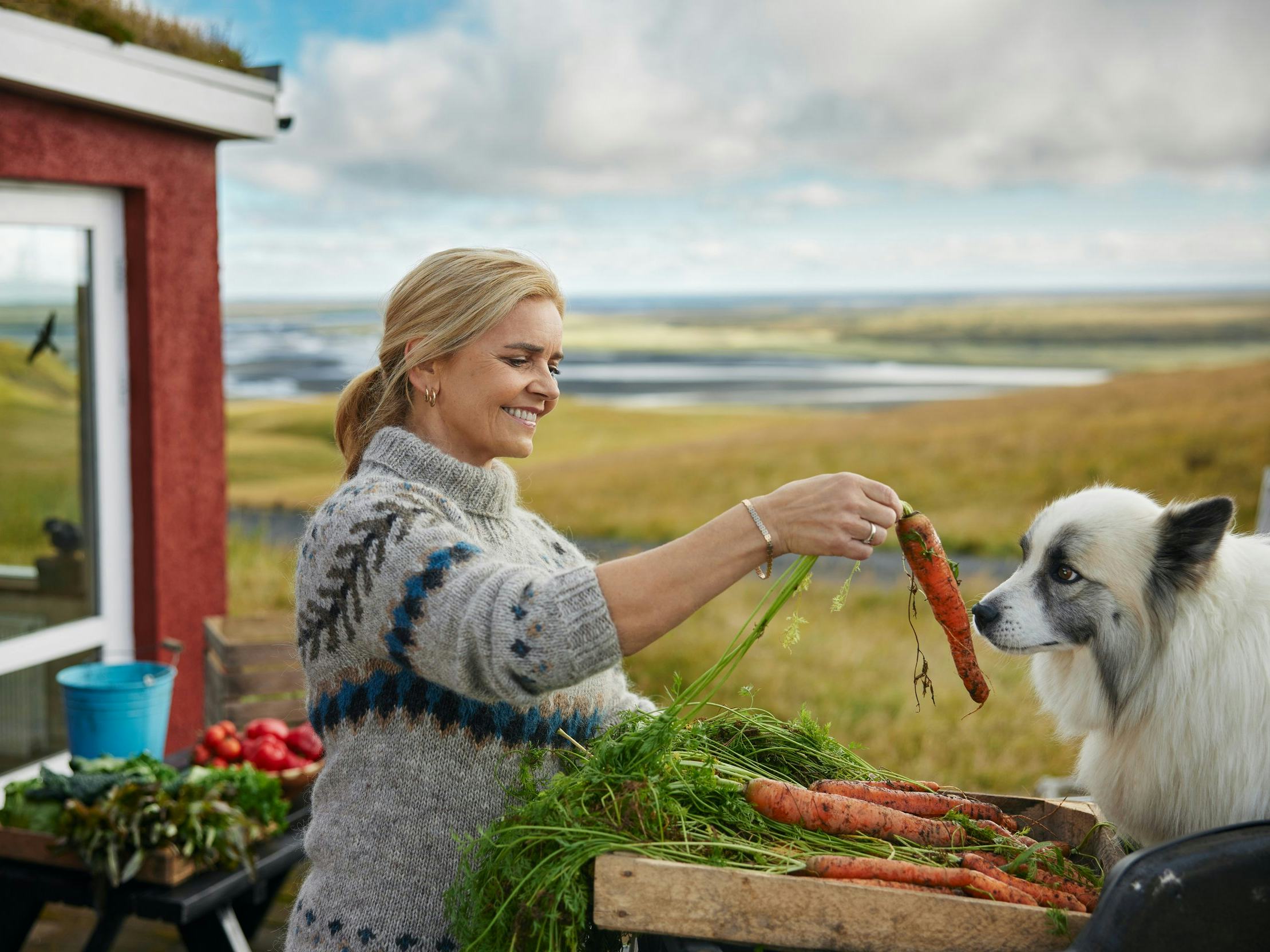 Kona og hundur úti í náttúru