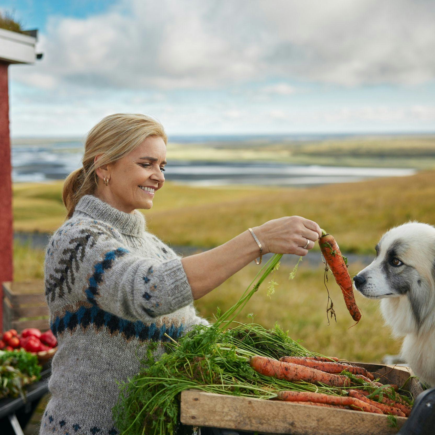 Kona og hundur úti í náttúru